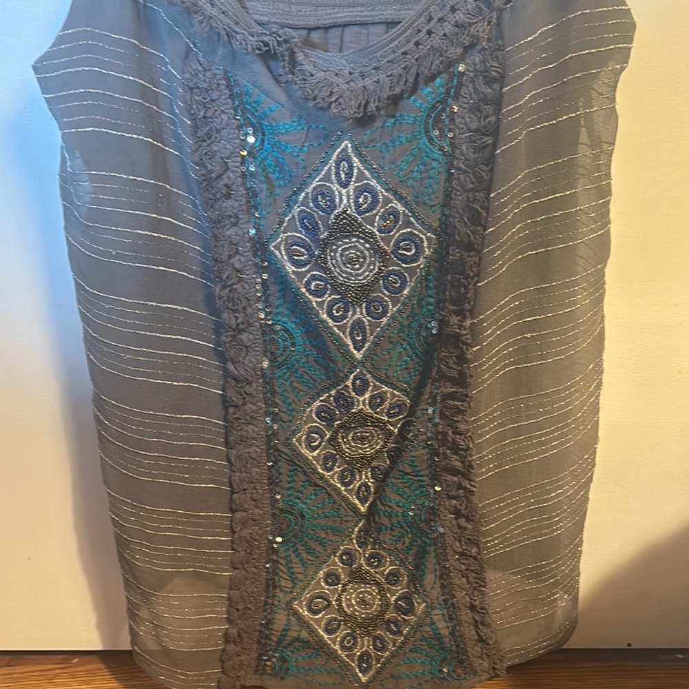 Anthropologie Gray and Blue Ruched Embellished Tank Top - Picture 3 of 3